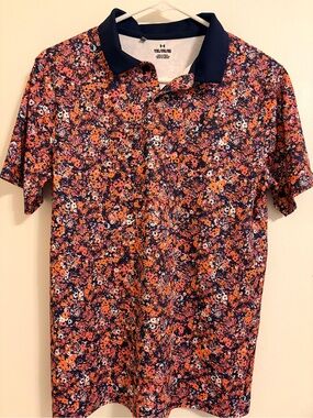 Under Armour YXL Floral Polo with Collar EUC boys youth orange navy floral